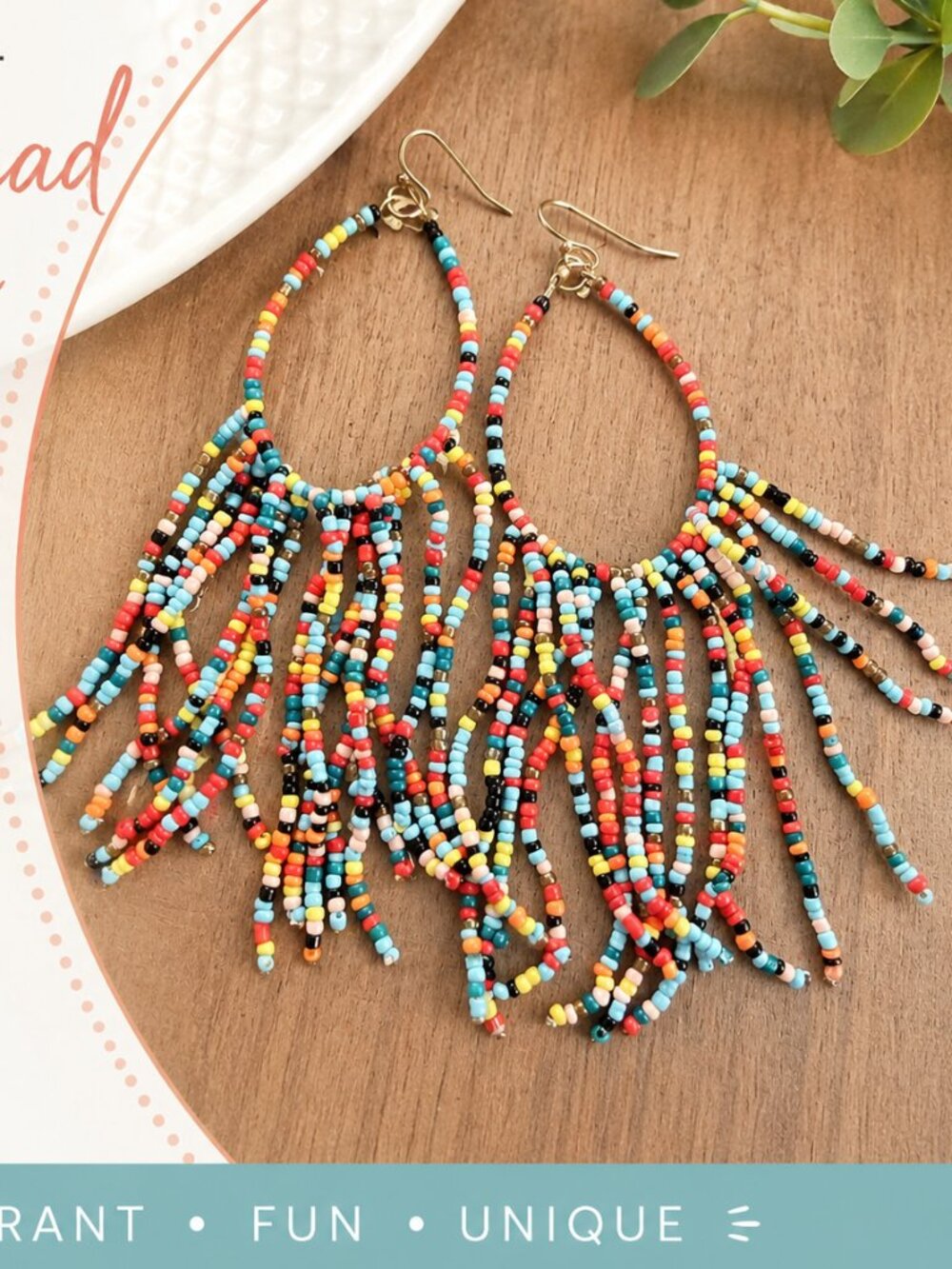 Colorful Seed Bead Fringe Hoop Earrings Boho Southwestern Statement